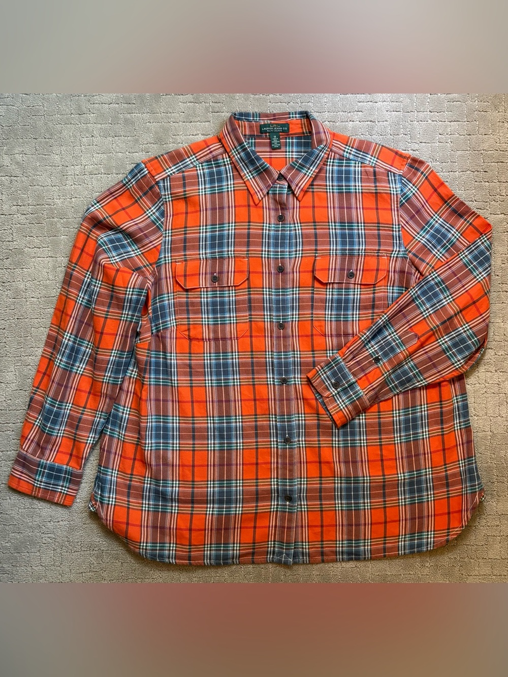 Ralph Lauren Orange and Blue Cotton Fall Plaid Flannel Button Down Shirt - Picture 2 of 5
